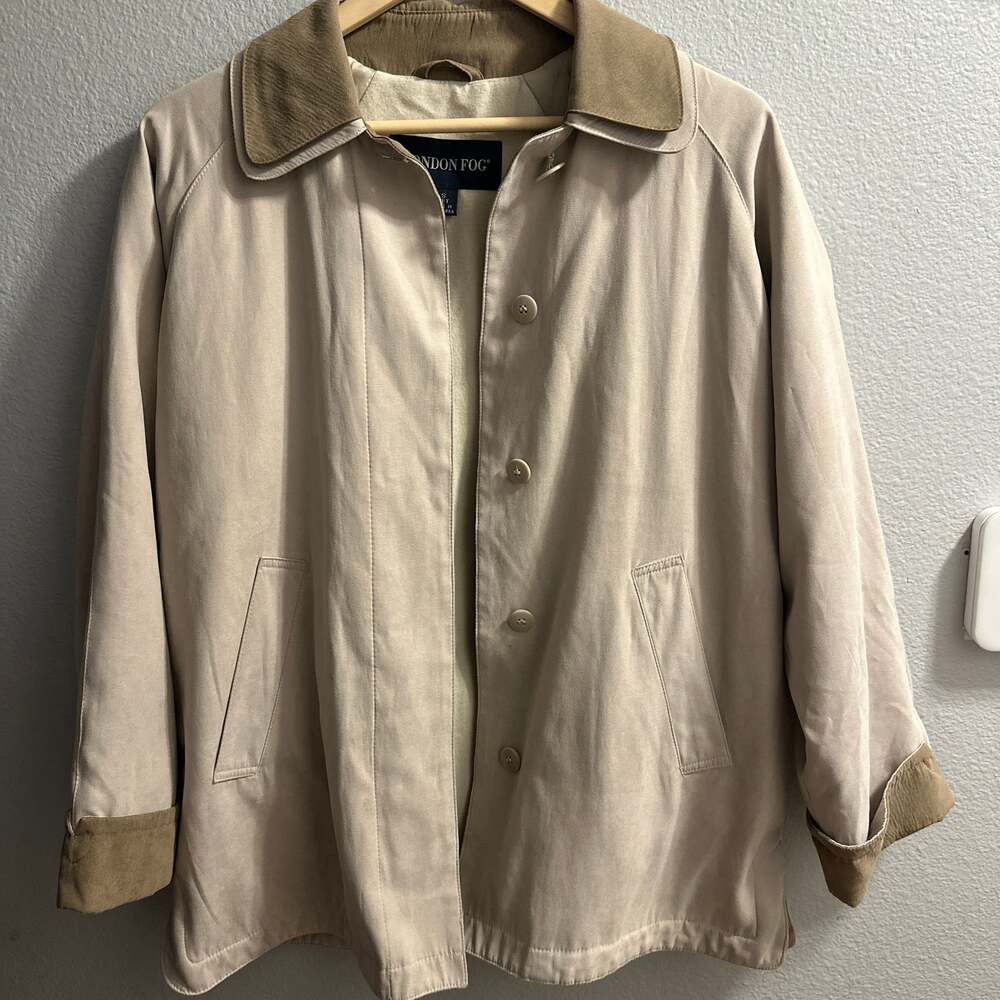 London Fog Women's Petite Beige Barn Jacket with Corduroy Collar and Cuffs